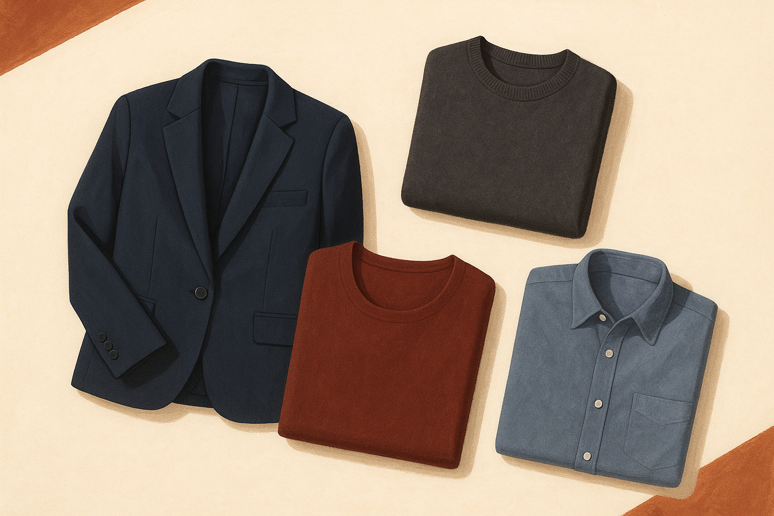 A warm editorial flat lay of neatly folded headshot-ready clothing in cream and terracotta tones on a soft neutral background