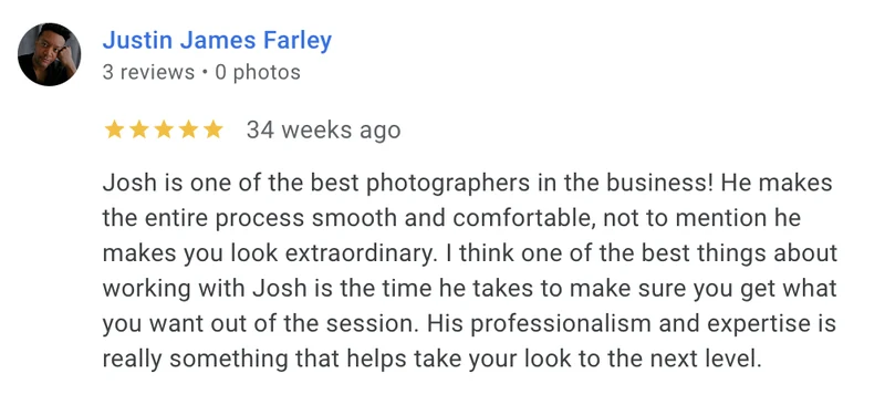 Google review for JA Headshots