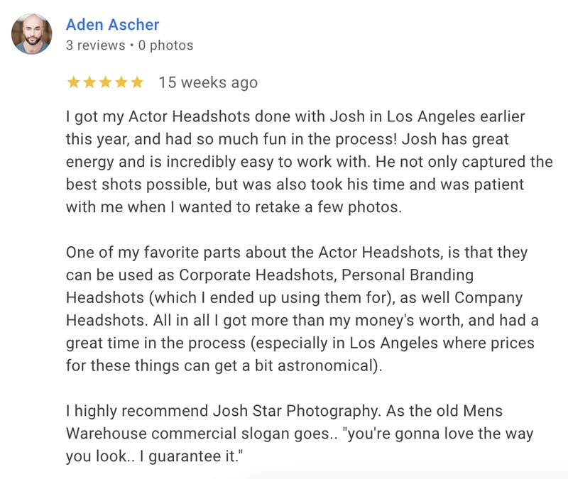 Google review for JA Headshots