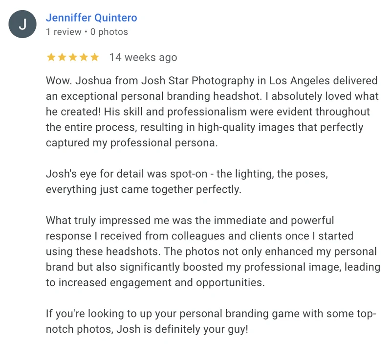 Google review for JA Headshots