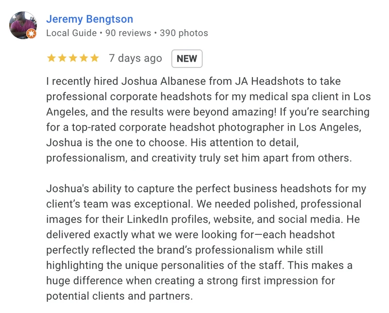 Google review for JA Headshots