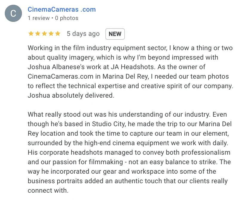Google review for JA Headshots