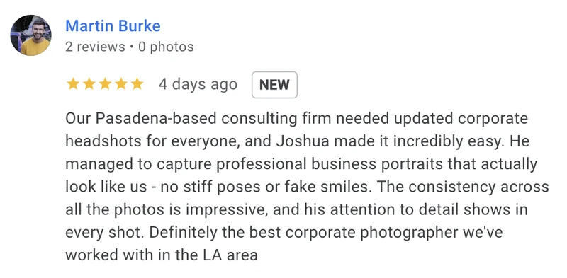 Google review for JA Headshots