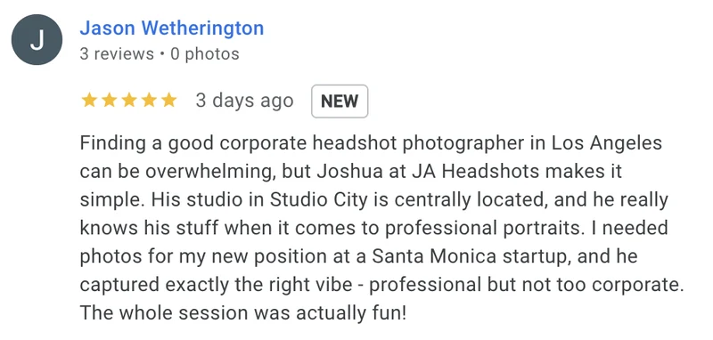 Google review for JA Headshots