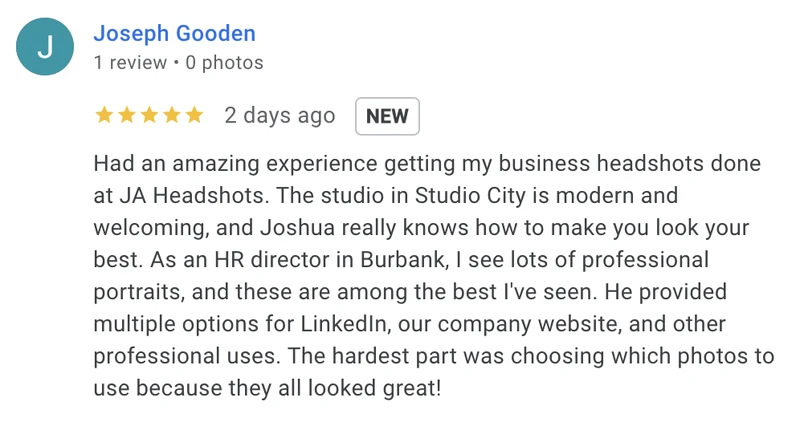 Google review for JA Headshots
