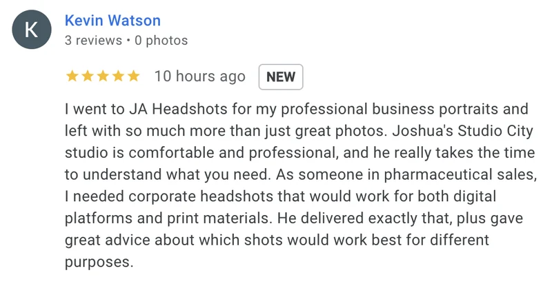 Google review for JA Headshots