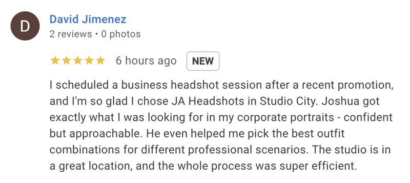 Google review for JA Headshots